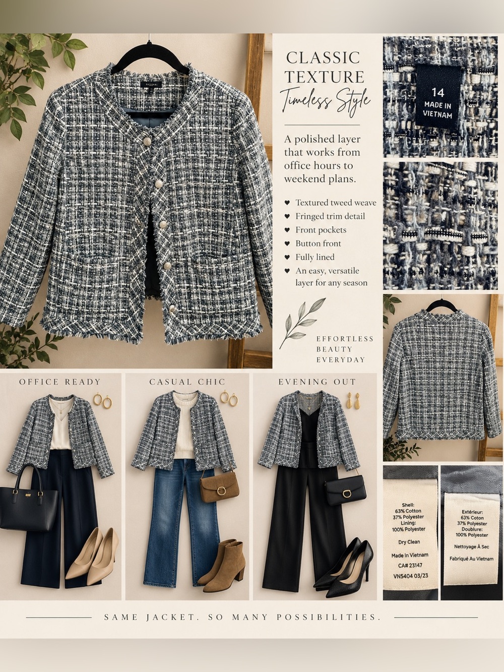 Talbots Blue & White Tweed Fringe Jacket Cotton Blend